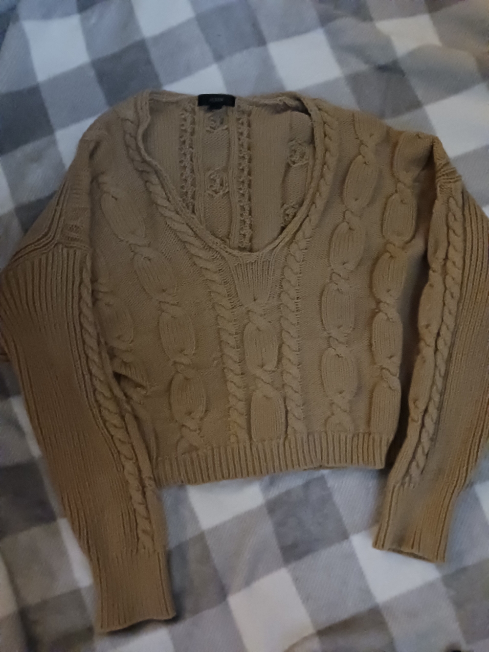 J. Crew Camel Cable Knit V-Neck Sweater
